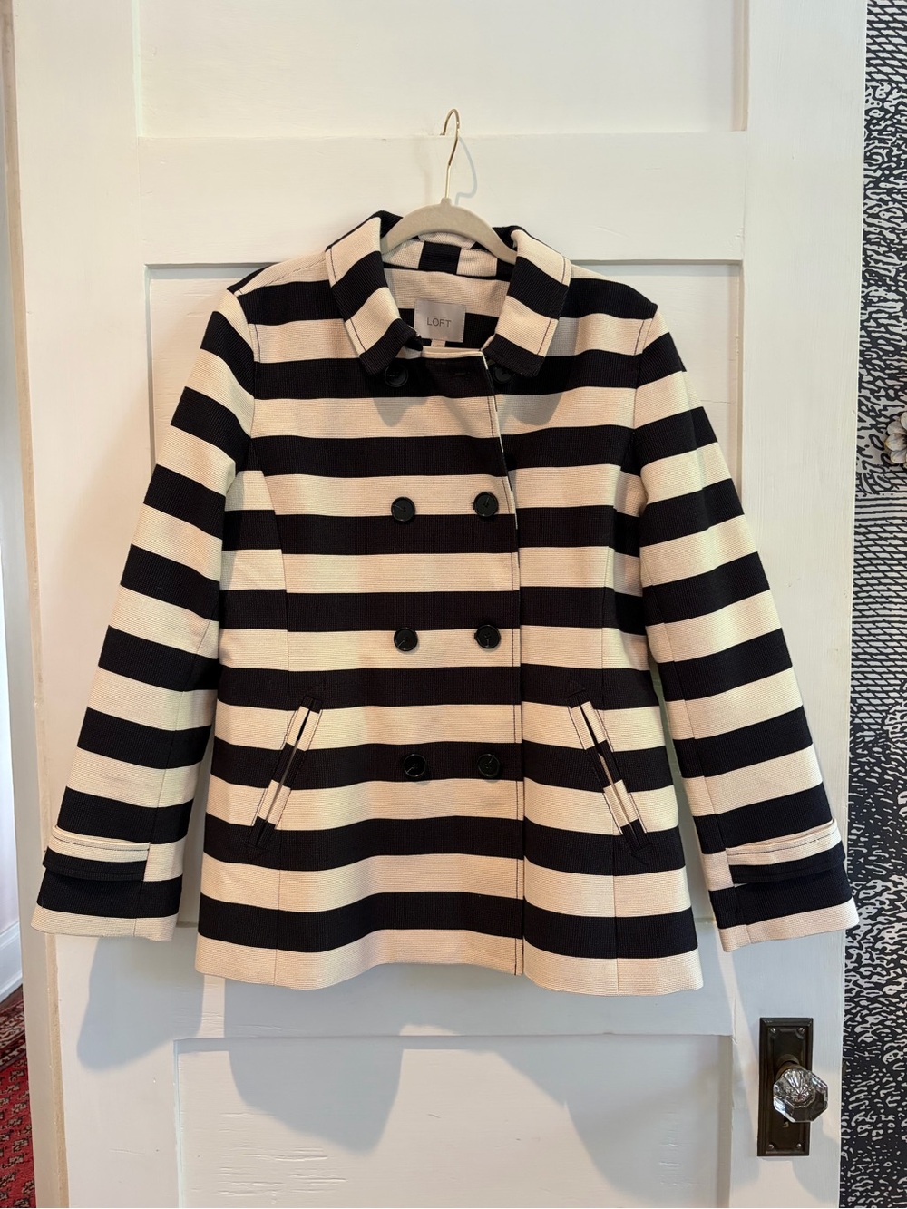 LOFT Navy & Cream Striped Double-Breasted Peacoat